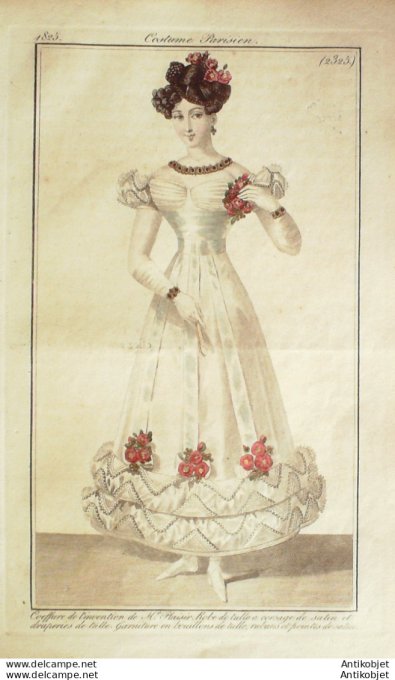 Gravure de mode Costume Parisien 1825 n°2325 Robe de tulle corsage satin draperies