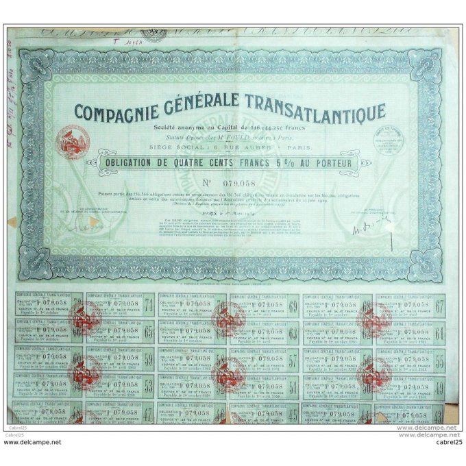 Générale Transatlantique Cie Emprunt 400 Fr 1934