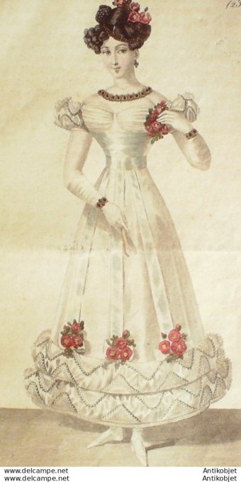 Gravure de mode Costume Parisien 1825 n°2325 Robe de tulle corsage satin draperies