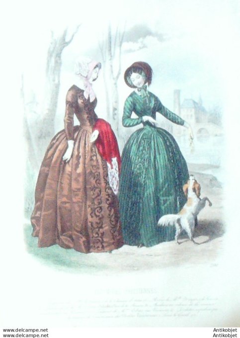 Gravure Les Modes Parisiennes 1846 # 200 Robes de velours Maison Couchonnal Chien