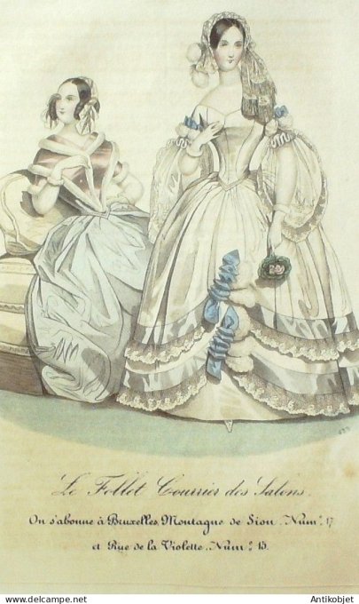 Gravure Mode Le Follet 1838 # 433 (aquarelle Old Fashion plate)