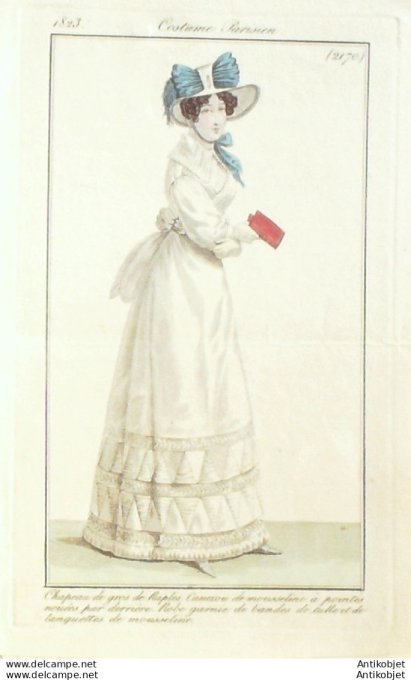 Gravure de mode Costume Parisien 1823 n°2170 Canezou mousseline Robe garnie