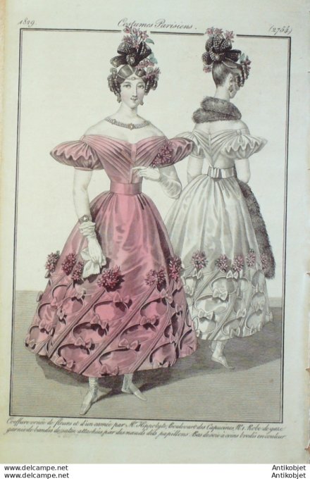 Gravure de mode Costume Parisien 1829 n°2754 Robe de gaze satin noeuds