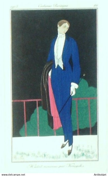 Gravure Costume Parisien 1913 # 86 Martin Charles (eau forte) Habit homme de Kriegck