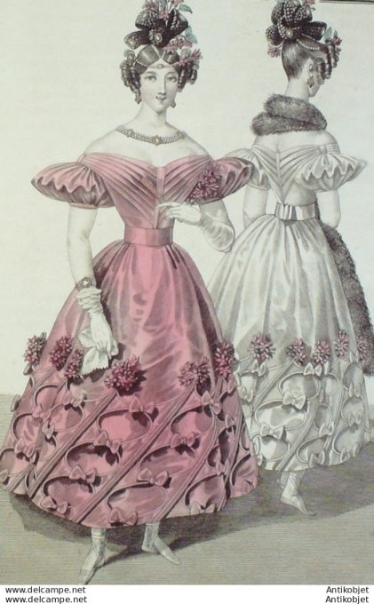 Gravure de mode Costume Parisien 1829 n°2754 Robe de gaze satin noeuds