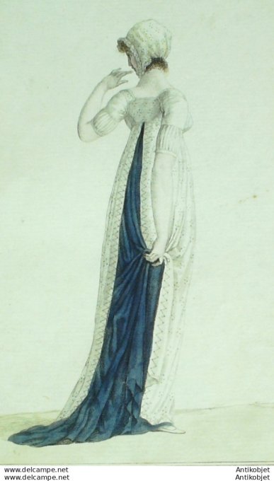 Gravure de mode Costume Parisien 1801 n° 275 (An 9) Béguin à pointes. Tablier