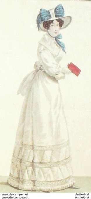 Gravure de mode Costume Parisien 1823 n°2170 Canezou mousseline Robe garnie