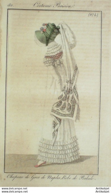 Gravure de mode Costume Parisien 1811 n°1174 Robe de pêrkale