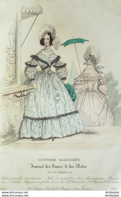Gravure de mode Costume Parisien 1838 n°3563 Robe en poult de soie façonnée