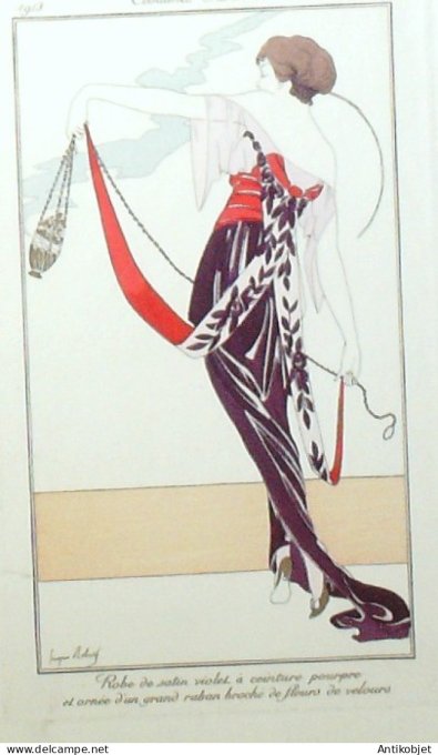 Gravure de mode Costume Parisien 1913 pl.106 ROBERT Georges Robe de satin