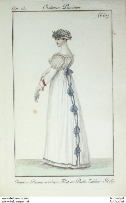 Gravure de mode Costume Parisien 1805 n° 661 (An 13) Tablier Robe
