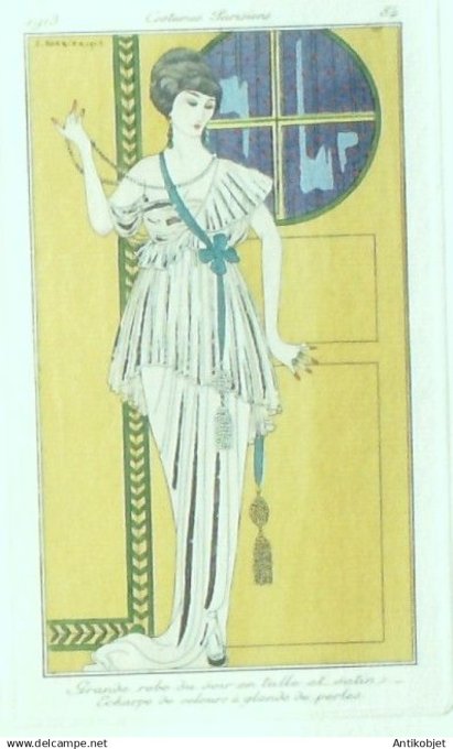 Gravure Costume Parisien 1913 # 84 Barbier George (eau forte) Robe de soirée Tulle