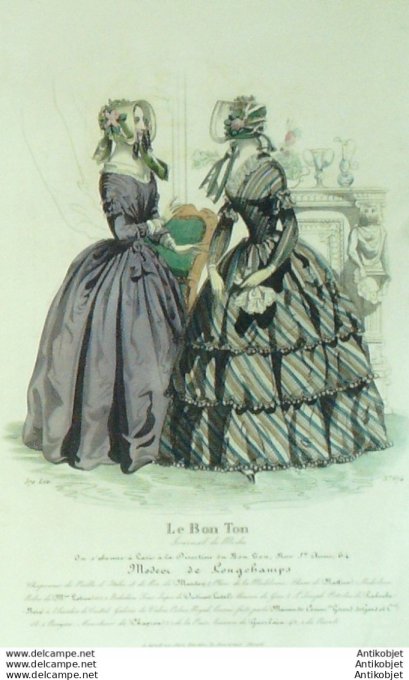 Gravure de mode Le Bon Ton 1843 n°674 Robes (Maison Lotier)