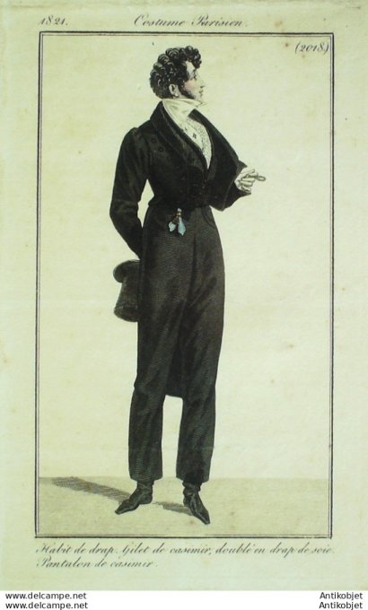 Gravure de mode Costume Parisien 1821 n°2018 Habit drap homme
