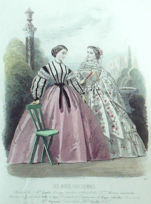 Gravure Les Modes Parisiennes 1860 # 907 Robes de satin Maison Gagelin