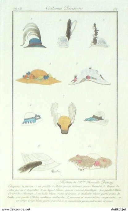 Gravure Mode Costume Parisien 1912 #   12 Martin Charles (eau forte)