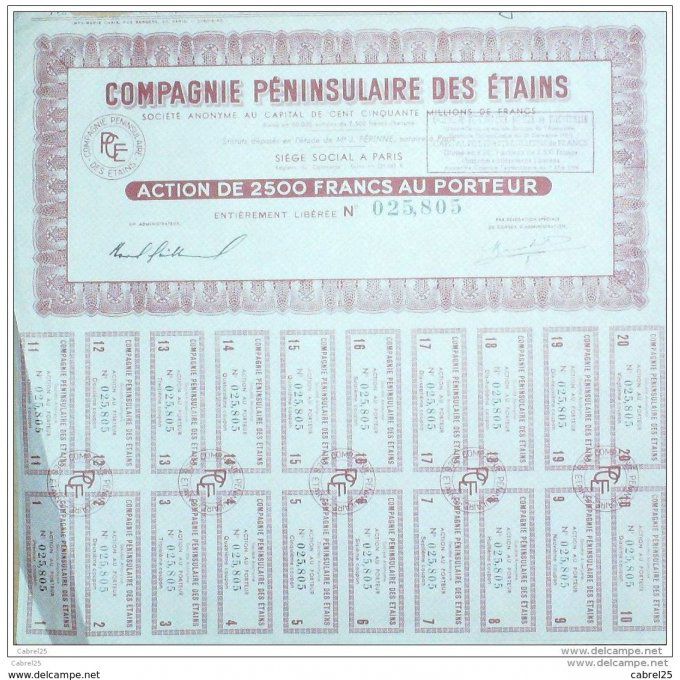 Peninsulaire des Etains Cie action 2500 Fr 1954