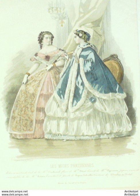 Gravure Les Modes Parisiennes 1859 # 830 Robes de bal Maison Couchonnal