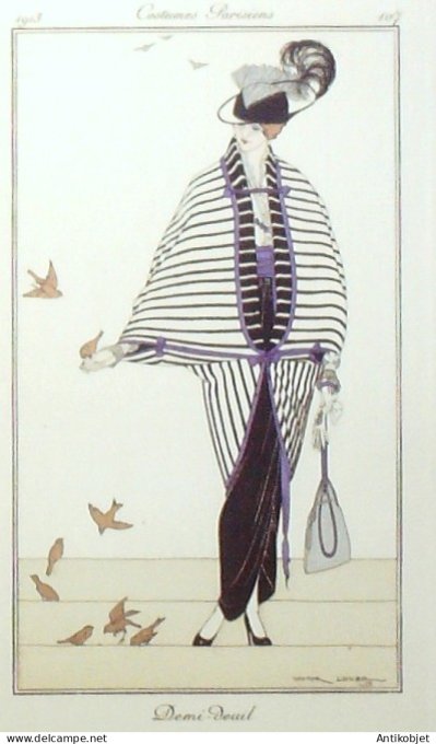 Gravure de mode Costume Parisien 1913 pl.107 LHUER Victor Robe demi deuil