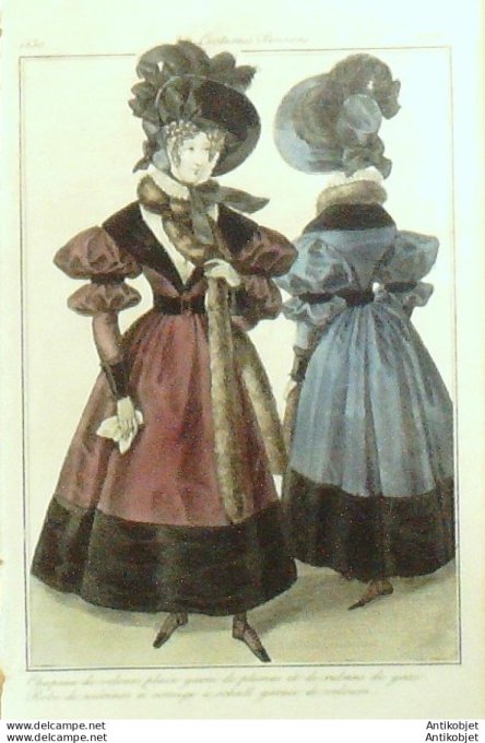 Gravure de mode Costume Parisien 1830 n°2756 Robes de mérinos à corsage à shall