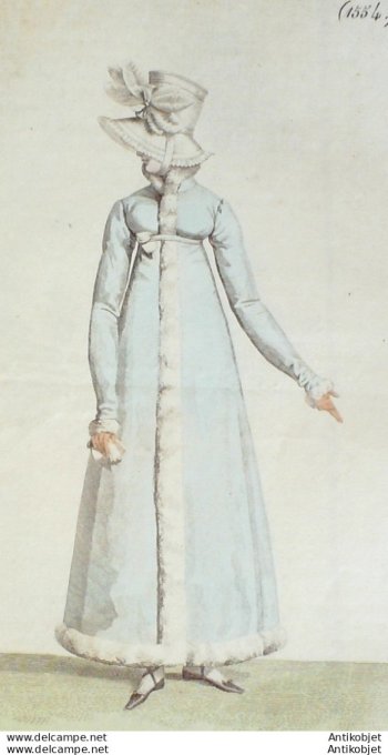 Gravure de mode Costume Parisien 1816 n°1554 Chapeau garni de plumes folettes