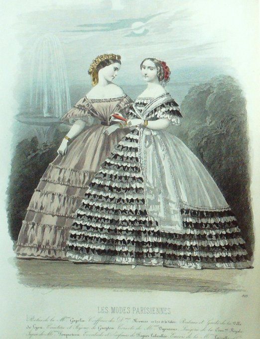 Gravure Les Modes Parisiennes 1860 # 909 Robes satin Maison Gagelin