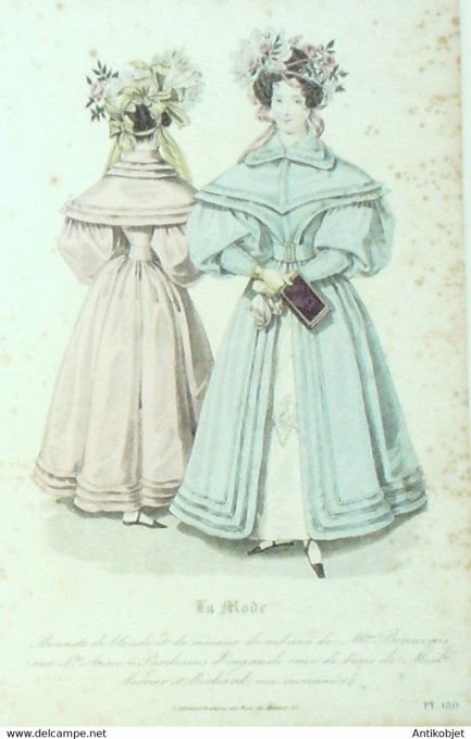 Gravure La mode 1831 n°180 Bonnets de blonde Pardessus d'Organdi