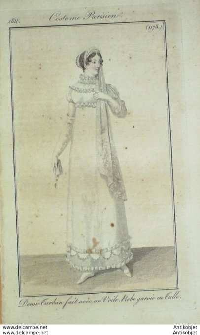 Gravure de mode Costume Parisien 1811 n°1178 Robe tulle demi turban