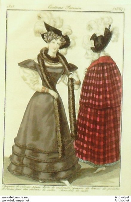 Gravure de mode Costume Parisien 1828 n°2564 Robe cachemire & rubans