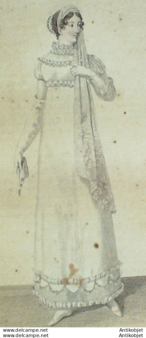 Gravure de mode Costume Parisien 1811 n°1178 Robe tulle demi turban