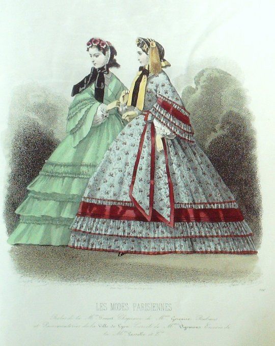 Gravure Les Modes Parisiennes 1860 # 910 Robes d'automne Maison Fauvet