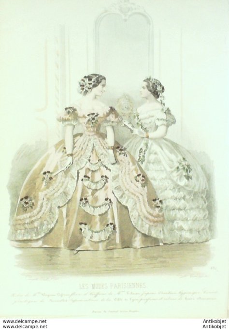 Gravure Les Modes Parisiennes 1859 # 831 Robes de Cour Maison Vafseno