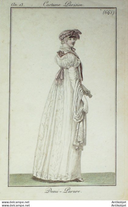 Gravure de mode Costume Parisien 1805 n° 665 (An 13) Demi parure