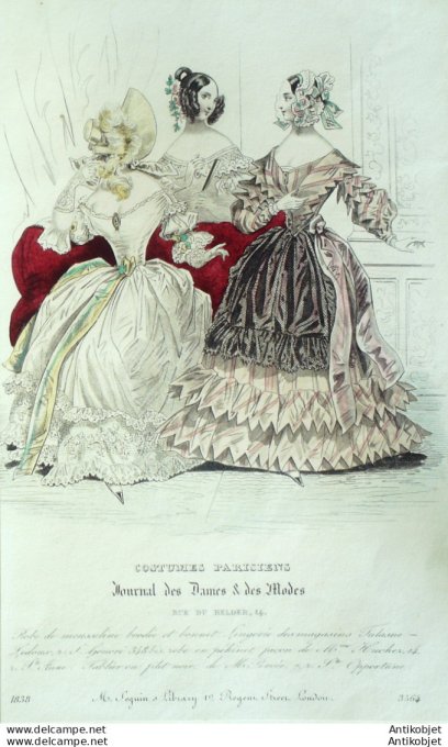 Gravure de mode Costume Parisien 1838 n°3564 Robes mousseline & Pékinet