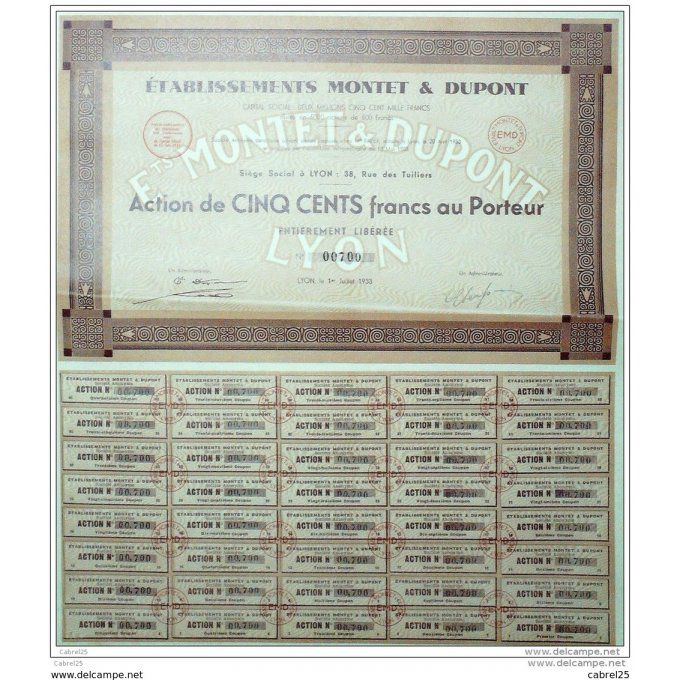Montet & Dupont Ets Lyon (69) action 500 Fr 1933