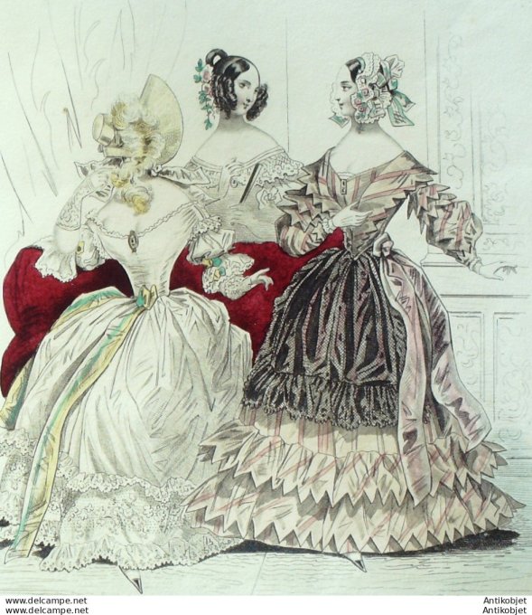 Gravure de mode Costume Parisien 1838 n°3564 Robes mousseline & Pékinet