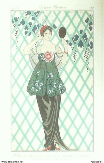 Gravure Costume Parisien 1913 # 80 Barbier George (eau forte) Robe de charmeuse