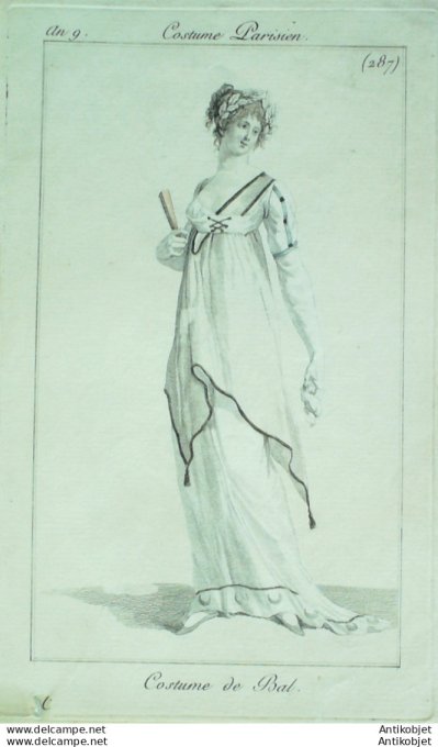 Gravure de mode Costume Parisien 1801 n° 287 (An 9) Costume de bal