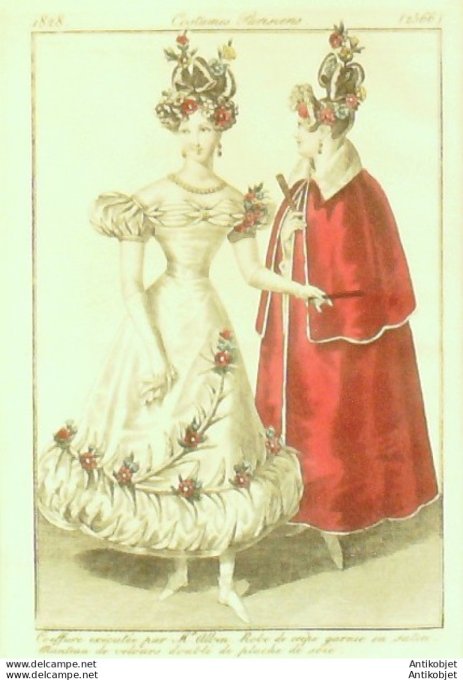 Gravure de mode Costume Parisien 1828 n°2566 Robe de crêpe garnie en satin