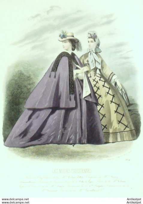 Gravure Les Modes Parisiennes 1863 #1054 Robes gros de Turin Maison Leclère-Collot