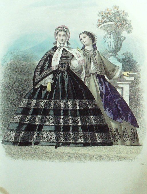 Gravure Les Modes Parisiennes 1860 # 913 Robes en passementeries Maison Fauvet
