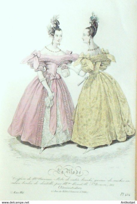 Gravure La mode 1835 n°434 Robe de satin broché garnie de ruches en ruban