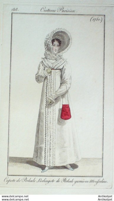 Gravure de mode Costume Parisien 1818 n°1750 Robe mousseline  pélerine