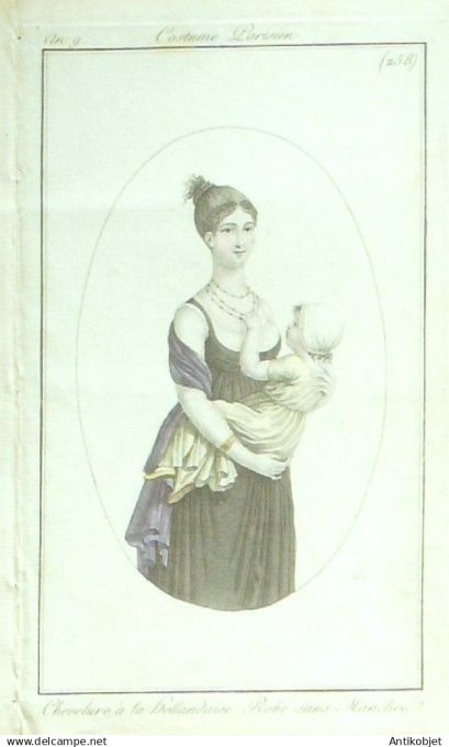 Costume Parisien 1800 an 9 # 258 (eau forte) Robe sans manchon chevelure Hollandaise