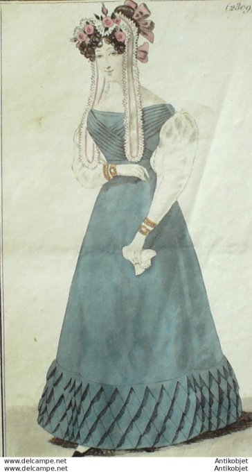 Gravure de mode Costume Parisien 1825 n°2309 Robe gros de Naples manches de Gaze