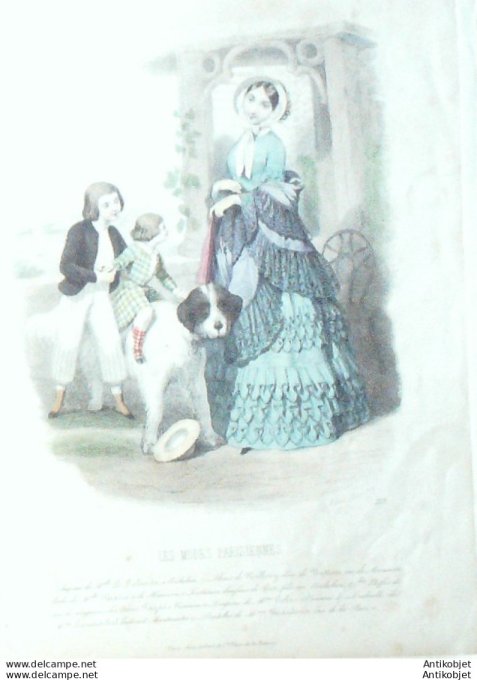 Gravure Les Modes Parisiennes 1847 # 213 Costumes enfants Maison Gior Chien