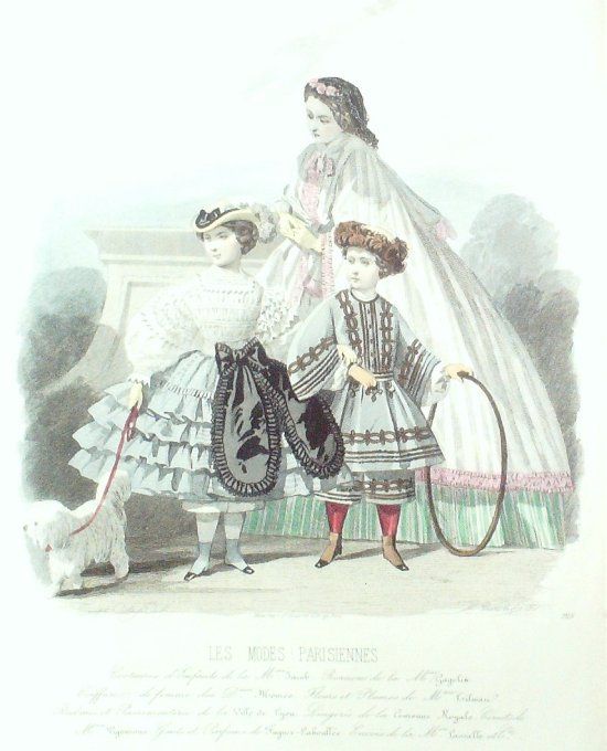 Gravure Les Modes Parisiennes 1860 # 915 Costumes enfants Maison Jacob Chien