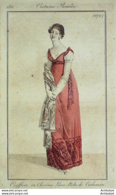 Gravure de mode Costume Parisien 1811 n°1179 Robe de Cachemire