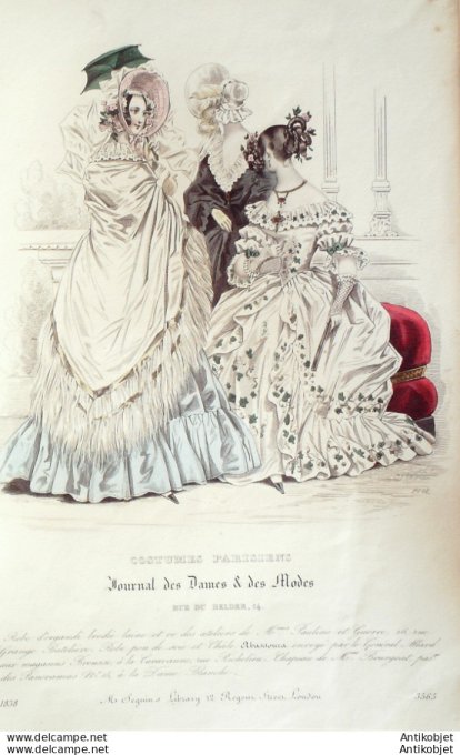 Gravure de mode Costume Parisien 1838 n°3565 Robe d'organdi brodée laine
