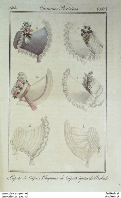 Costume Parisien 1818 # 1751 Capote de crêpe  chapeaux